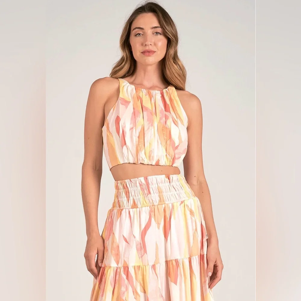 Elan Coral Print Amalfi Crop Halter Top & Smocked Skirt Set S